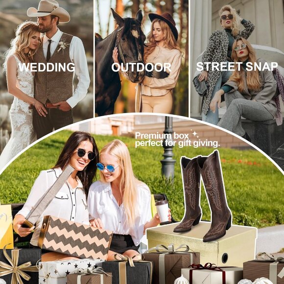 ⚡Women's Dark Brown Wide Calf Cowgirl Boots Embroidered Pointed Toe Half Zip - Picture 8 of 8